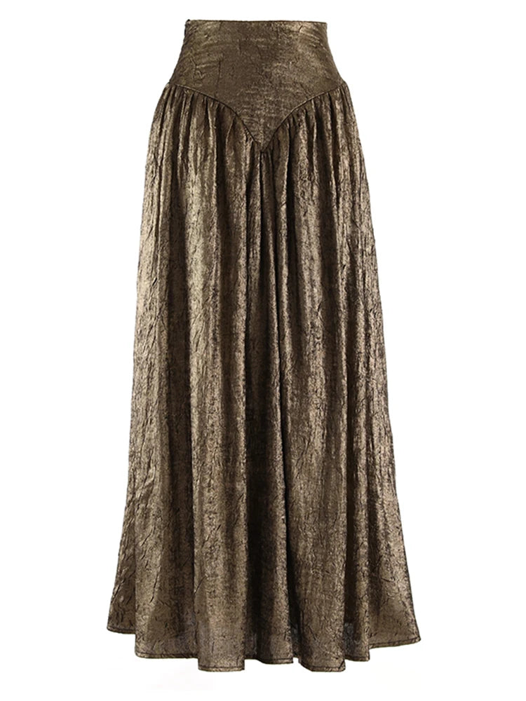 [EAM] Women Dark Gold Color Pleated Elegant Long A-line Half-body Skirt High Wais Fashion Tide New Spring Autumn 2024 1DF9488