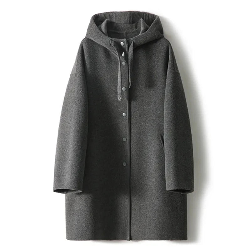 Autumn Winter Woolen Jacket Women New Loose Drawstring Hooded Coat Pure Colour Outerwear Fashion Covered Button Overcoat Female