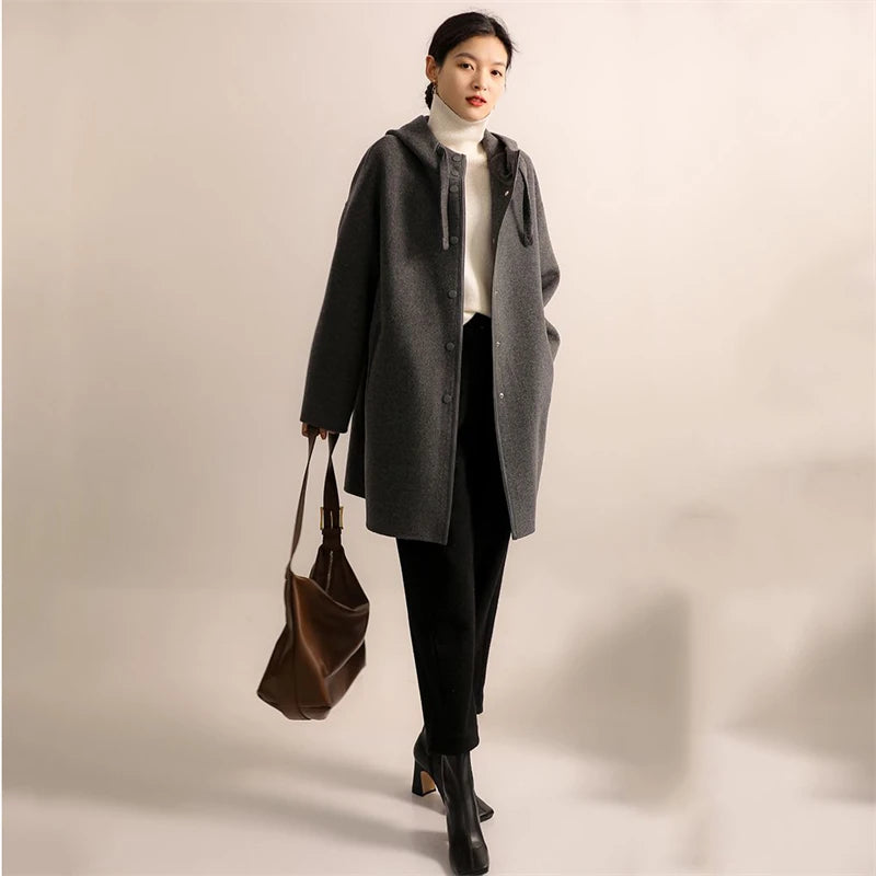 Autumn Winter Woolen Jacket Women New Loose Drawstring Hooded Coat Pure Colour Outerwear Fashion Covered Button Overcoat Female