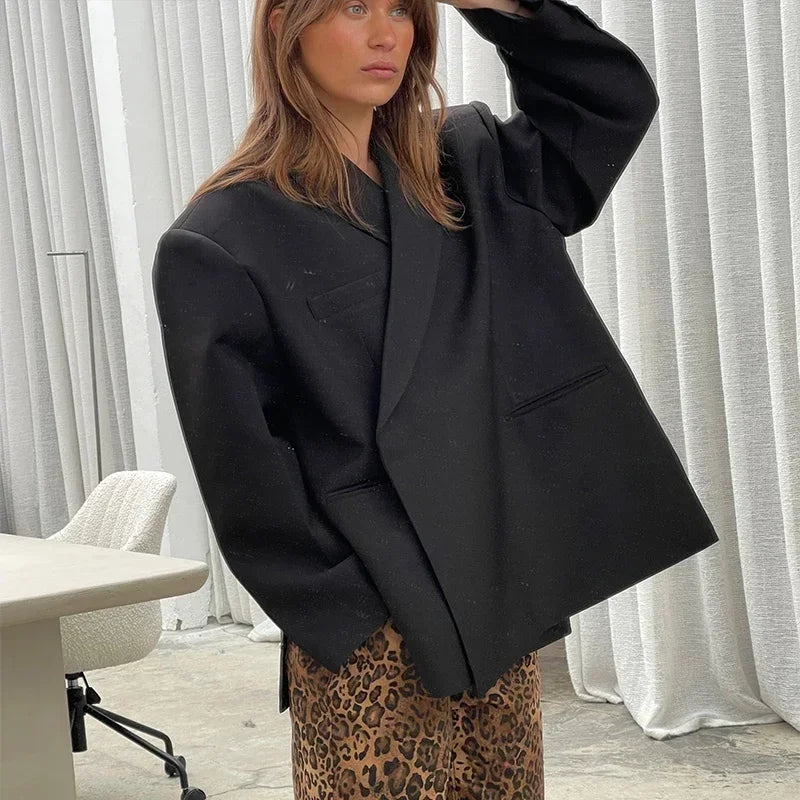 2024 Casual Suit Blazer Coat Women Oversized Double Button Notched Side Slit Jacket Female Autumn Office Shoulder Pads Lady Tops