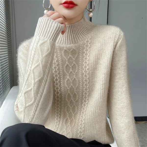 Women's Sweater Autumn Winter Outside Wear Pullovers Half High Collar Knitwear Fashion Long Sleeve Pull Femme Sueter Tops