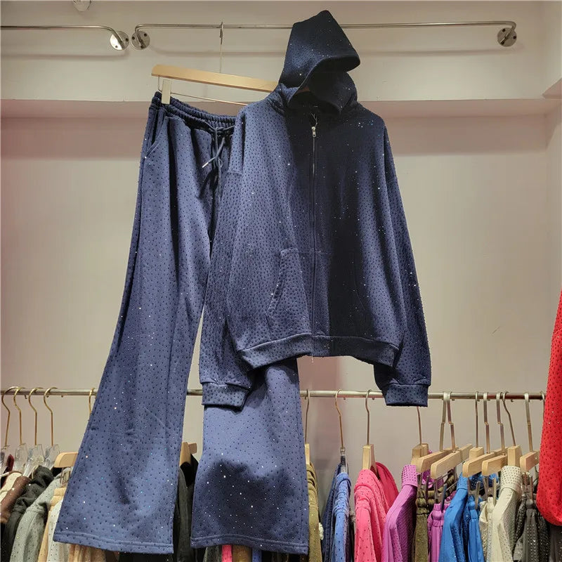 High Street Diamond Hoodies 2 Piece Sets Women Heavy Industry Washed Loose Casual Sportswear High Waist Wide Leg Pants Tracksuit