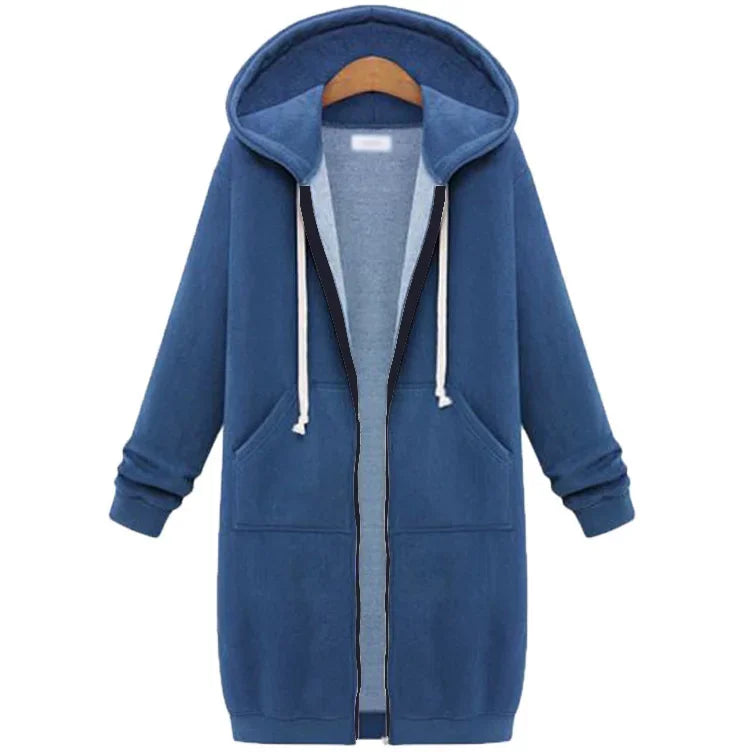 America Solid Color Hoodie Cardigan Women Autumn Winter Hip-hop Mid Long Velvet Pockets Hooded Zipper Windbreaker Jacket Top New