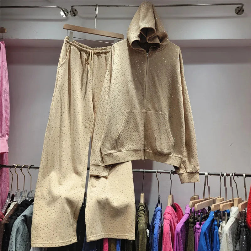 High Street Diamond Hoodies 2 Piece Sets Women Heavy Industry Washed Loose Casual Sportswear High Waist Wide Leg Pants Tracksuit