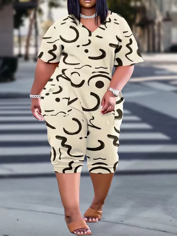 Plus Size Contrast Leopard Print V Neck Half Sleeve Jumpsuit Casual Chic Knee-Length