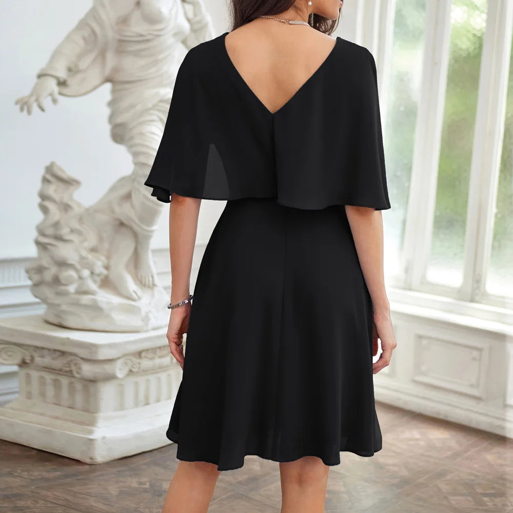 GK Women Lace Patchwork Dress Cape Sleeve V-Neck Flared A-Line Causal Fashion Party Evening Dresses Female Lady Elegant Gown