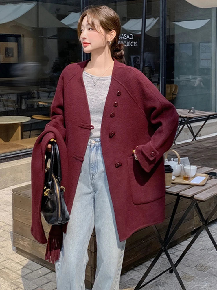 LANMREM Korean Style Women Short Wool Coat Scarf V Neck Solid Color Single Breasted Jackets Fashion Winter New Clothing 2VV1935