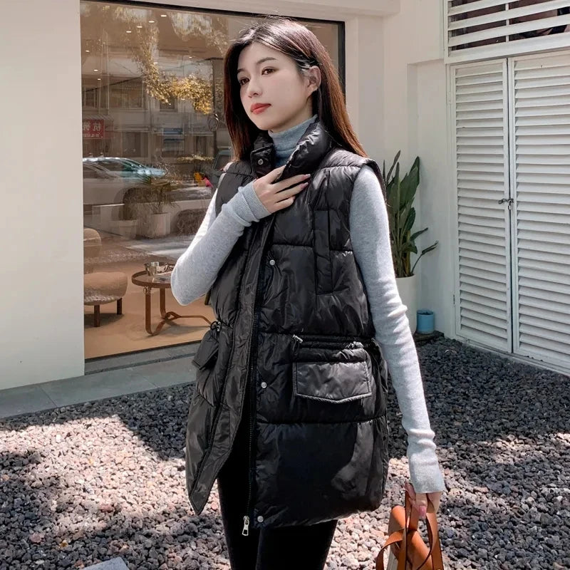 Women Mock Neck Pocket Solid Thermal Coat Vest Zipper Thickened Warm Loose Jacket Casual Puffer Jackets For Women Fall Winter