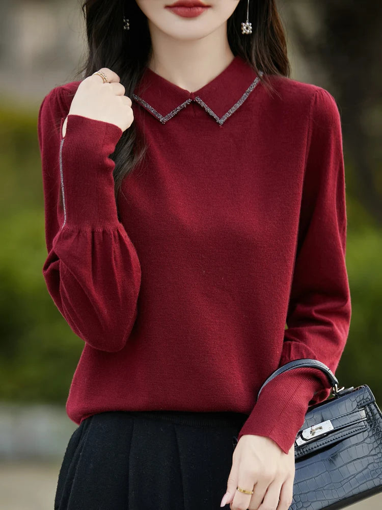 Women Merino Wool Sweater Polo Collar Lantern Sleeve Pullover Autumn Winter Knitted Clothing Diamond Long Sleeve Bottoming Tops
