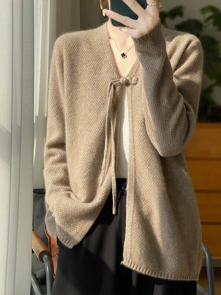 Spring Wool Cardigan Sweater Women Clothing V-neck Open Stitch Female Long Sleeve Tops Knitwears Korean Fashion New In Outerwear