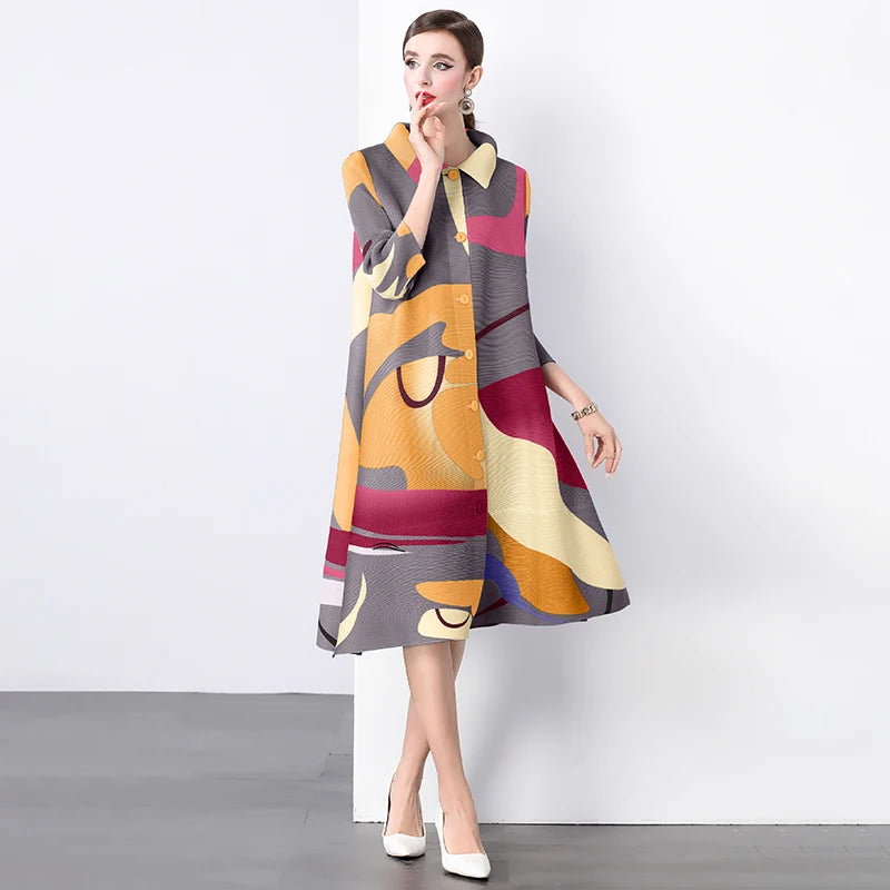 Miyake Pleated Large Size Shirt Dress Women's 2024 Autumn New Colorblock Print Stand Collar Loose Fat MM Slim Stretch Cardigans