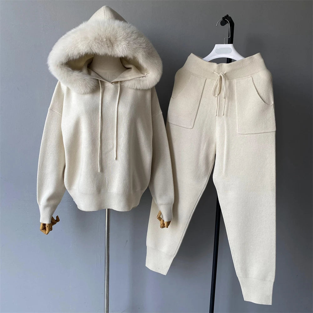 Jxwatcher Women's Sweater and Pant Sets With Real Fox Fur Collar Autumn Fashion Ladies Knitted Two Piece Set With Hooded Female
