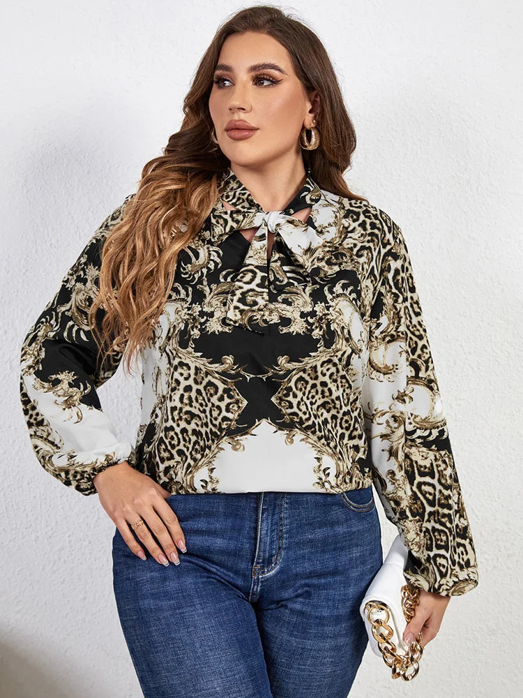 GIBSIE Plus Size Bow Tie Neck Casual Print Blouse Women Spring Autumn High Street Lantern Long Sleeve Fashion Tops And Blouses