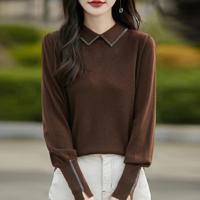 Women Merino Wool Sweater Polo Collar Lantern Sleeve Pullover Autumn Winter Knitted Clothing Diamond Long Sleeve Bottoming Tops