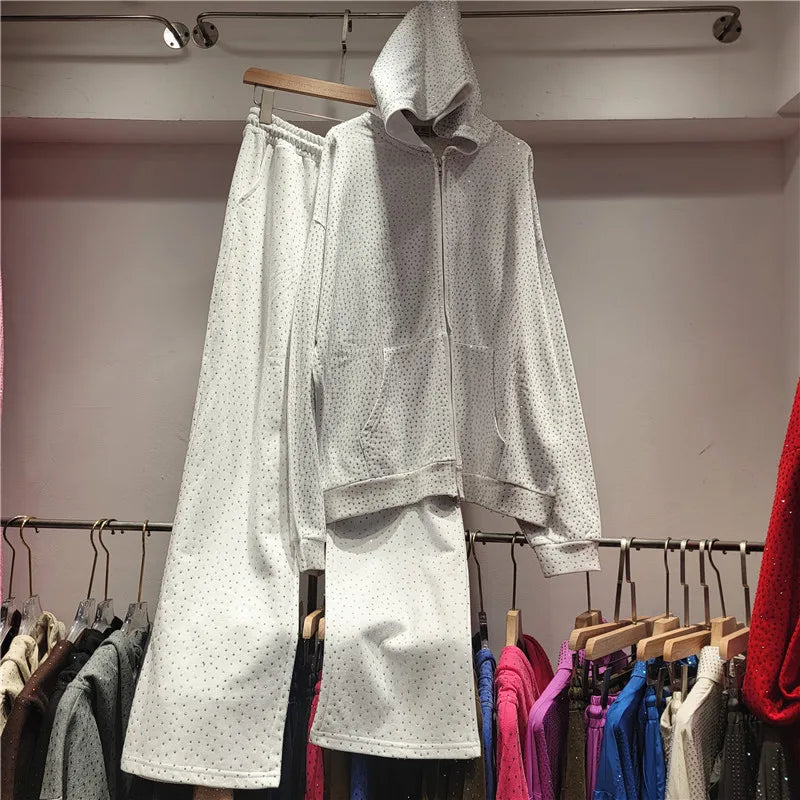 High Street Diamond Hoodies 2 Piece Sets Women Heavy Industry Washed Loose Casual Sportswear High Waist Wide Leg Pants Tracksuit