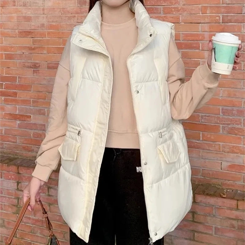 Women Mock Neck Pocket Solid Thermal Coat Vest Zipper Thickened Warm Loose Jacket Casual Puffer Jackets For Women Fall Winter