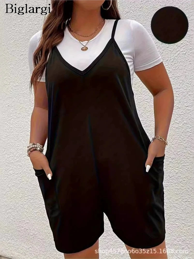 Plus Size Summer Sleeveless Slip Jumpsuit Women Casual Fashion Ladies Jumpsuits Pleated Loose Wide Leg Woman Jumpsuit Shorts