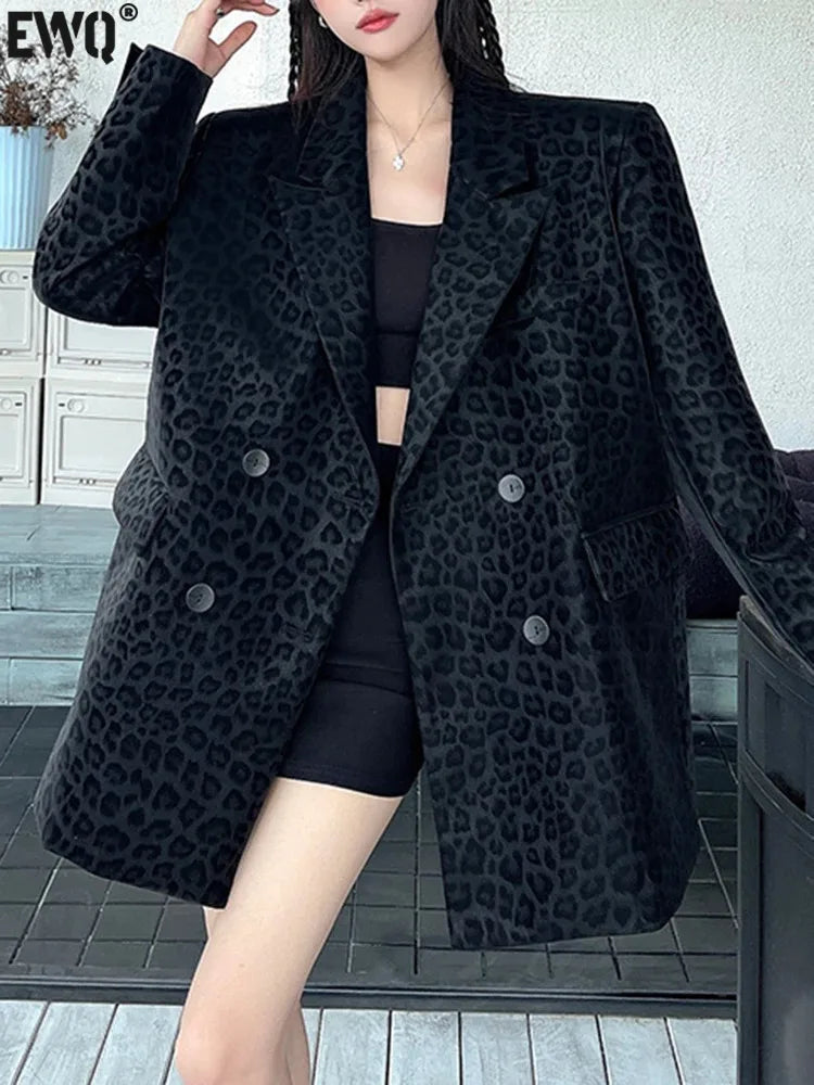 [EWQ] Streetwear Leopard Print Blazer Coat Long Sleeve Double Breasted Women Loose Office Lady Suit Jacket 2024 Winter 16O3380