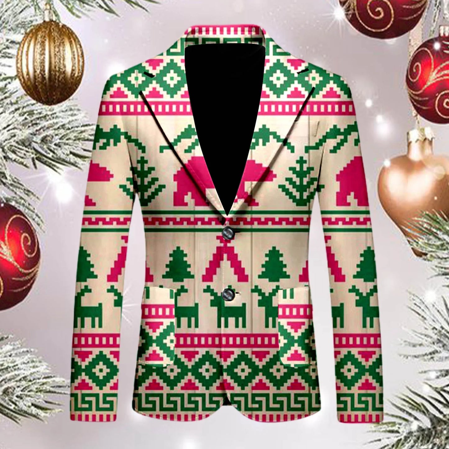 Men's Christmas Snowflake Elk Print Blazer Jackets With Pocket Elegant Slim One Button Suit Coat Plus Size Party Outwears