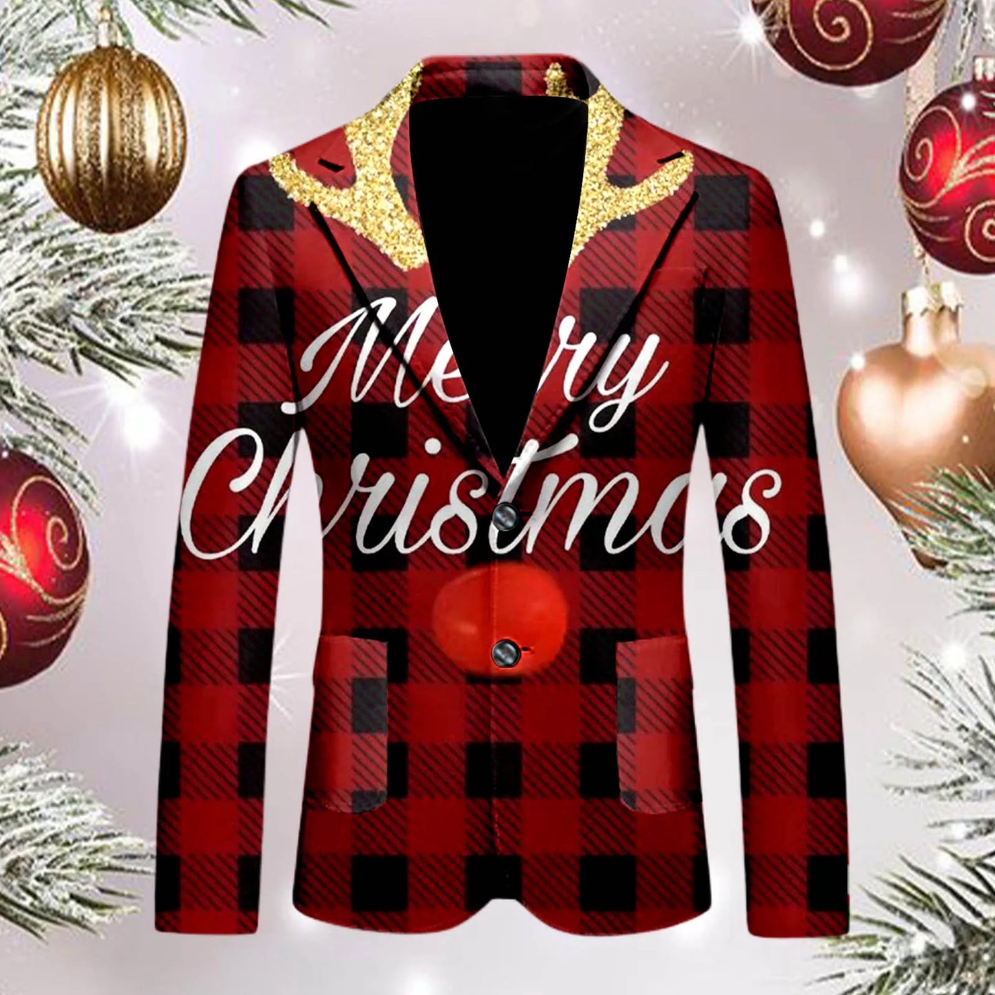 Men's Christmas Snowflake Elk Print Blazer Jackets With Pocket Elegant Slim One Button Suit Coat Plus Size Party Outwears