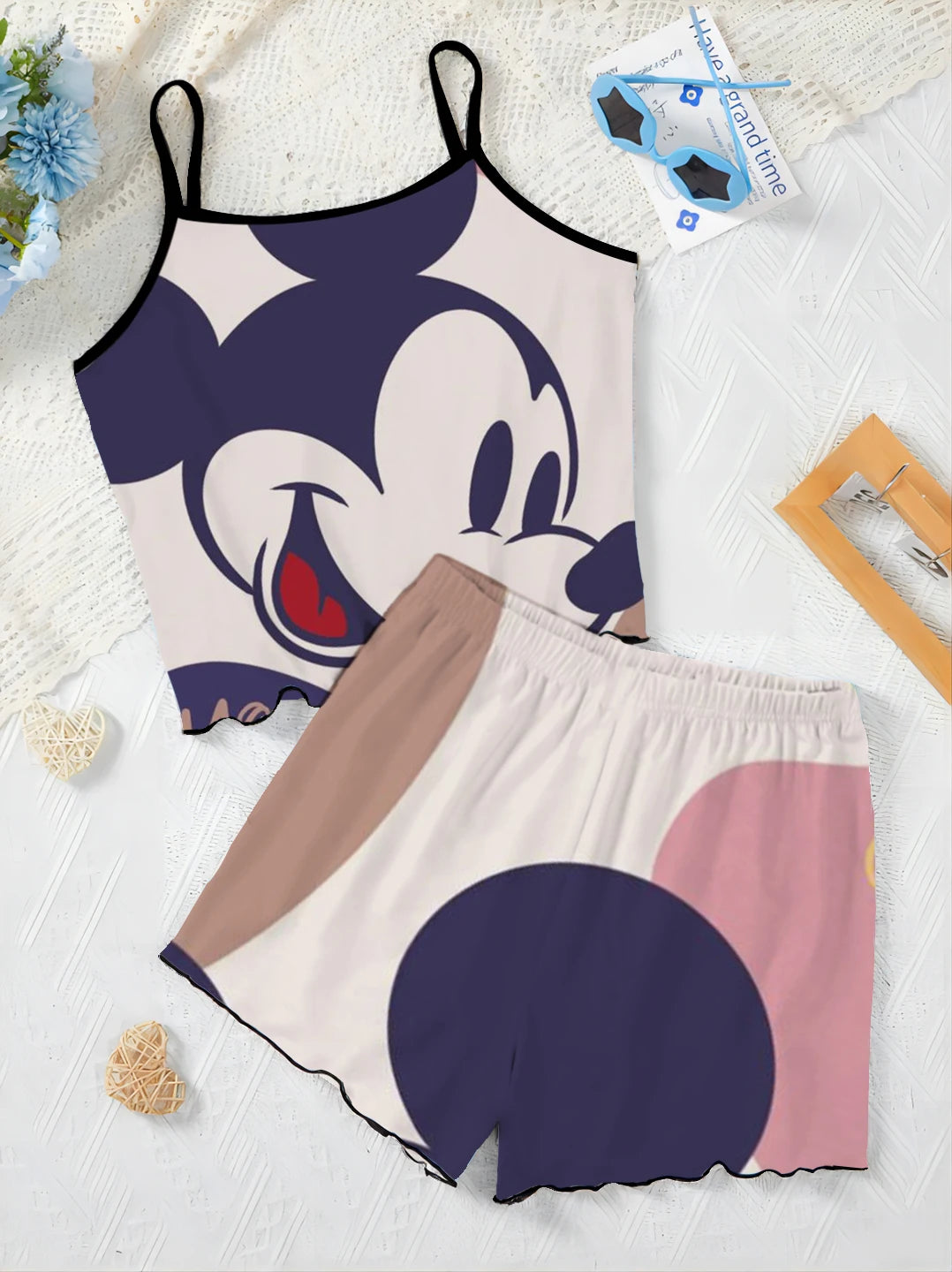 Top Disney Minnie Mouse Short Sets for Women 2 Pieces Lettuce Trim T-shirt Mickey Slip Dress Women's Suit Pajama Skirt Elegant