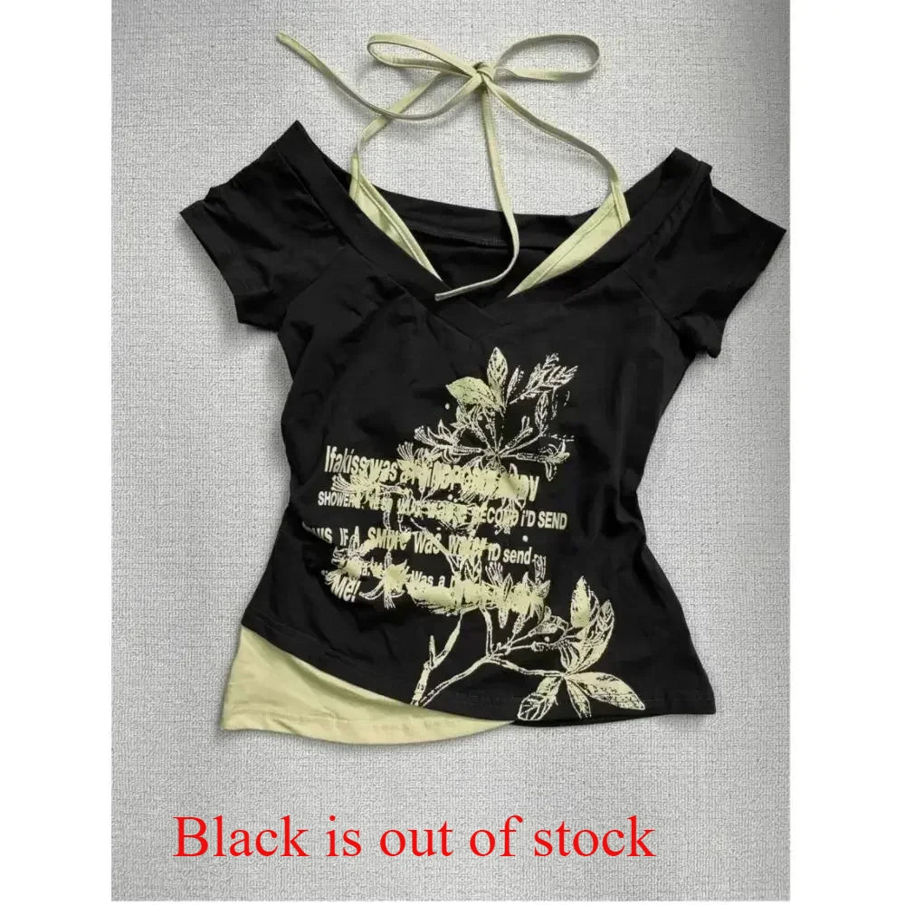 Neploe American Vintage Fake Two Piece Halter Lace Up T-shirts Y2k Slim Fit Print Tops Women Off Shoulder Short Sleeve Tee Shirt