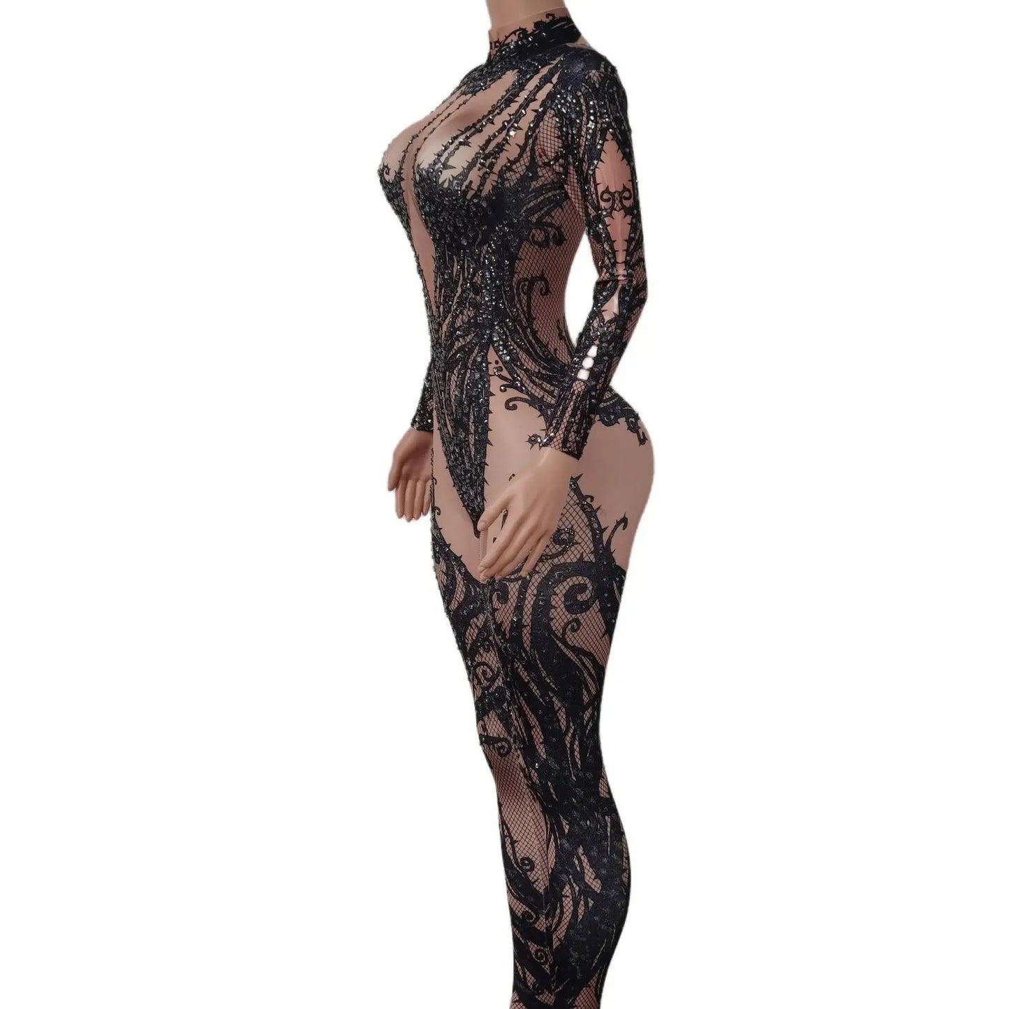 Fashion Crystal Long Sleeve Bodycon Jumpsuits Showgirl Stage Costumes Nightclub Dance Bodysuits Celebrate Party Outfits X1812010