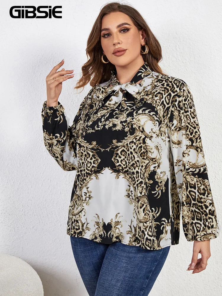 GIBSIE Plus Size Bow Tie Neck Casual Print Blouse Women Spring Autumn High Street Lantern Long Sleeve Fashion Tops And Blouses