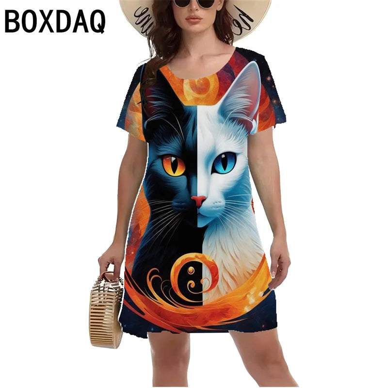 Fun Animal Pattern Print Dress Women Summer Short Sleeved Casual Beach Mini Dress S-3XL Female Fashion Personality A-Line Dress