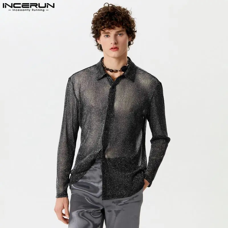 2024 Men Shirt Shiny Solid Color Lapel Long Sleeve Button Streetwear Party Fashion Men Clothing Casual Camisas S-5XL INCERUN