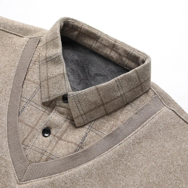 Autumn Winter Men's Fake Two Pieces Pullovers Long Sleeve Sweater Shirts V Neck Fleece Embroidery Thick Warm Knit Casual Wear