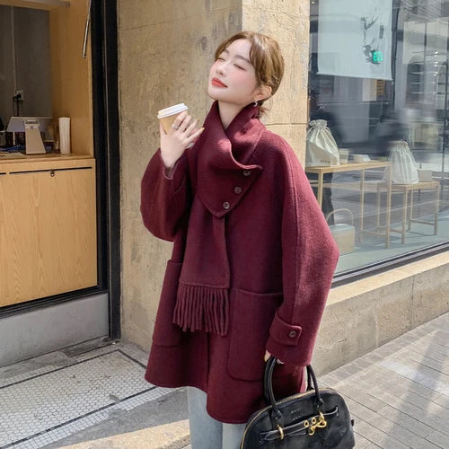 LANMREM Korean Style Women Short Wool Coat Scarf V Neck Solid Color Single Breasted Jackets Fashion Winter New Clothing 2VV1935