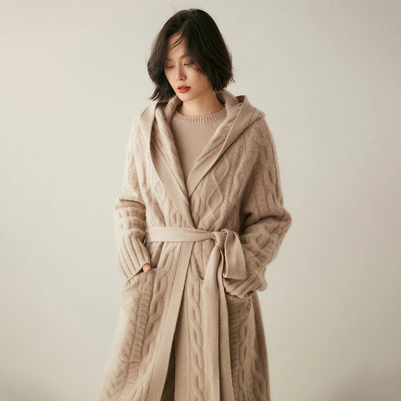 Luxury Women's Long Coat Hooded Cardigan 100% Cashmere Sweater Autumn Winter Thick Lace-up Knitwear Cashmere Clothing Warm Tops